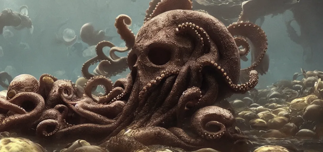 Prompt: an octopus in the shape of a skull surrounded by fish, foggy, cinematic shot, photo still from movie by denis villeneuve, wayne barlowe