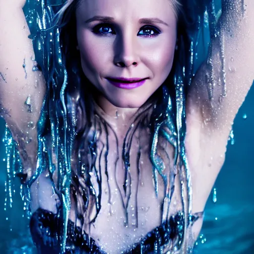 Image similar to Kristen Bell as a mermaid, grungy, unkept hair, glowing eyes, modelsociety, wet from rain, radiant skin, huge anime eyes, RTX on, bright on black, dramatic, studio lighting, perfect face, intricate, Sony a7R IV, symmetric balance, polarizing filter, Photolab, Lightroom, 4K, Dolby Vision, Photography Award