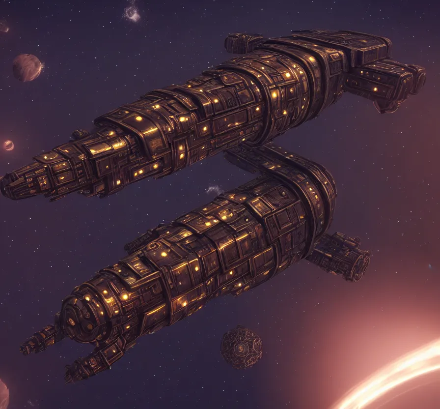 Prompt: symmetric steampunk space ship in dark space, unreal engine, digital