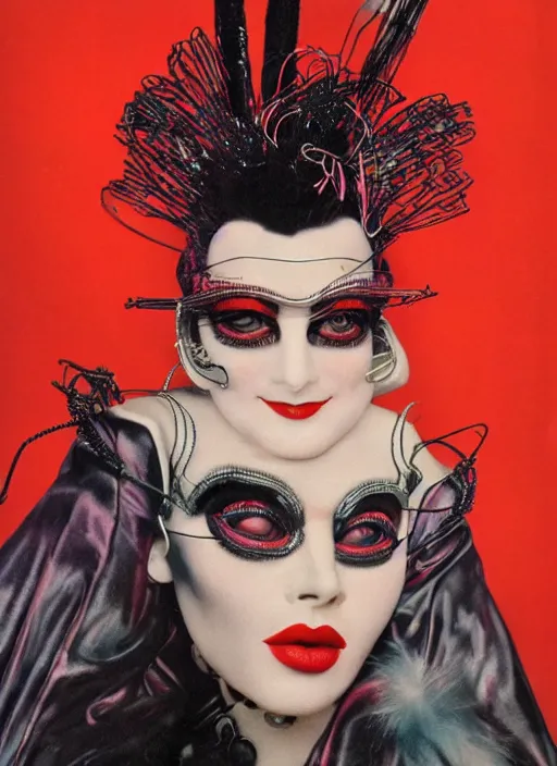 Image similar to an 8 0 s portrait of a woman with dark eye - shadow and red lips with dark slicked back hair, a mask made of wire and beads, dreaming acid - fueled hallucinations, psychedelic by serge lutens, rolf armstrong, delphin enjolras, peter elson, red cloth background, frilled blooming collar