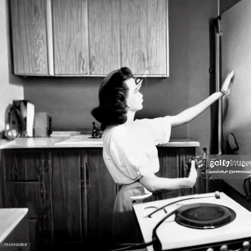 Prompt: a woman recording electronic music in a 1 9 5 0 s kitchen