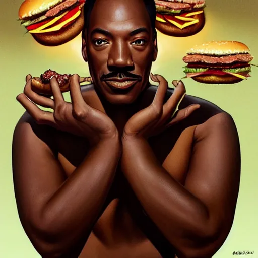 Prompt: portrait of eddie murphy eating hamburgers, extra onions and ketchup, luscious patty with sesame seeds, ethereal, handsome, d & d, fantasy, intricate, elegant, highly detailed, digital painting, artstation, concept art, matte, sharp focus, illustration, art by artgerm and greg rutkowski and alphonse mucha