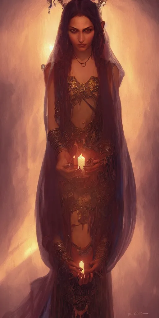 Prompt: very beatiful girl close to a candle in dark room, queen of the damned dramatic light, highly detailed, digital painting, artstation, concept art, sharp focus, illustration, art by artgerm and greg rutkowski and alphonse mucha