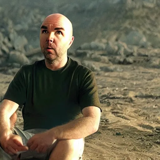 Prompt: film still from a movie featuring Karl Pilkington
