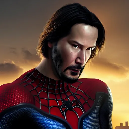 Image similar to Keanu Reeves as spiderman , film still, muscle extremely detailed, fantastic details full face, mouth, trending on artstation, pixiv, cgsociety, hyperdetailed Unreal Engine 4k 8k ultra HD, WLOP