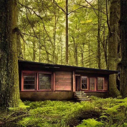 Image similar to national geographic cover photo of an weird house in the woods