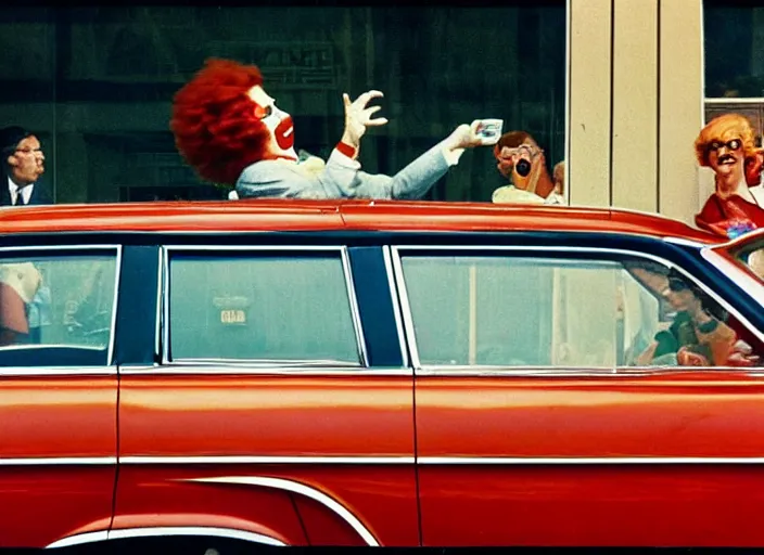 Prompt: vintage mcdonald's commercial depicting ronald mcdonald in kennedy's car at the jfk assassination, in dallas, by zapruder, by saul leiter, by norman rockwell