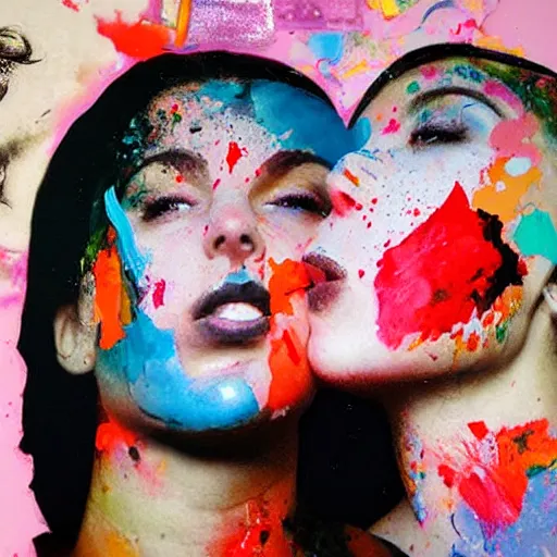 Prompt: double exposure of two women kissing ( closeup ) and a bizarre painting, lomography. this photograph is subsequently printed out and splattered with paint. mixed media collage art with magazines and found art
