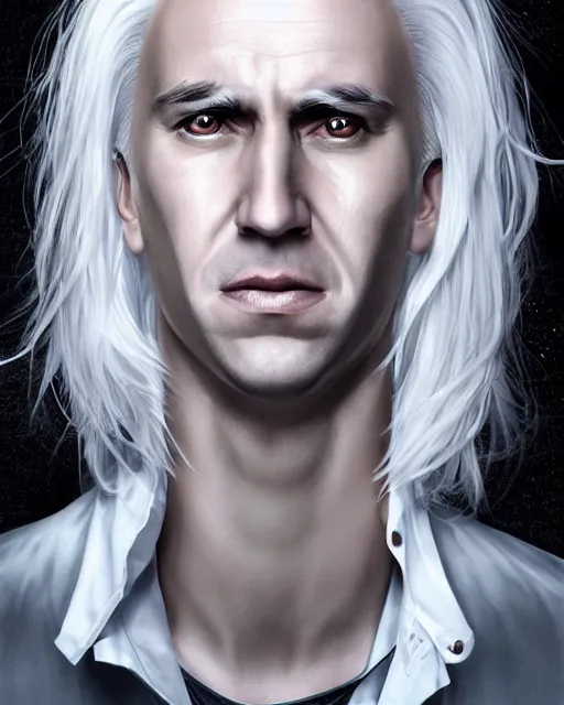 Image similar to portrait of 4 0 - year - old man with white hair with a pale complexion, pointed face and grey eyes, malfoy, clear smooth face, no beard, wearing all black clothes, haughty facial expression, hyper realistic face, beautiful eyes, character art, art by mark brooks, hyperdetailed, cryengine, trending on artstation, digital art