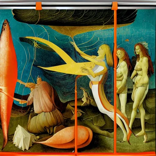 Image similar to flaming calssical iridescent rivulet rectangle shark papaya can burger , by Juan Giménez and Sandro Botticelli and Hieronymus Bosch , Low poly , flat shading , child's drawing