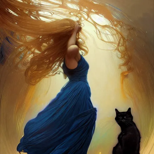 Prompt: A girl in a blue dress standing over a pile of books with golden locks down her back and a black cat at her feet, face, fantasy, intricate, elegant, highly detailed, digital painting, artstation, concept art, smooth, sharp focus, illustration, art by Krenz Cushart and Artem Demura and alphonse mucha