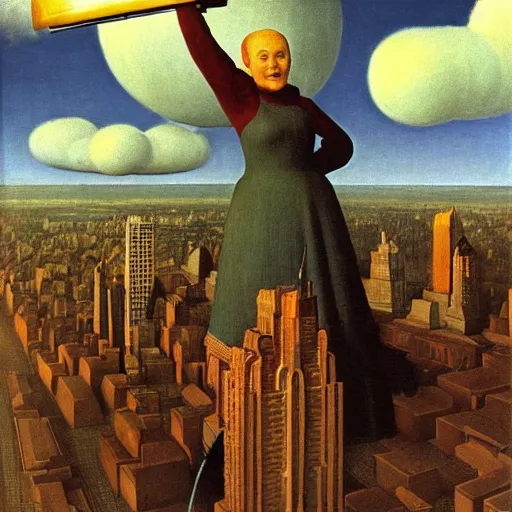 Image similar to super granny flies above new york city with her vacuum cleaner orwellian themes konstantin vasilyev grant wood jan van eyck john steuart curry