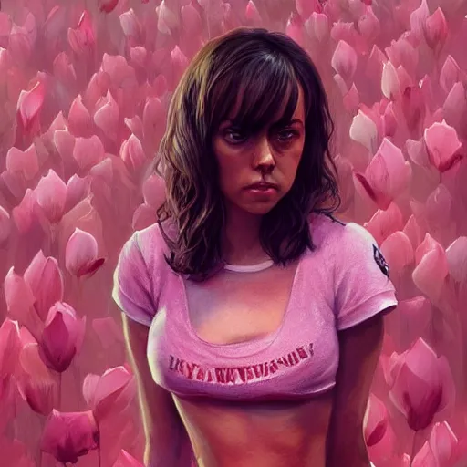 Prompt: pink petals with a a wonderful aubrey plaza and christina ricci serving chicken wings in hooters shirt, intricate, elegant, highly detailed, wonderful eyes, sweet, digital painting, artstation, concept art, smooth, sharp focus, illustration, art by artgerm and greg rutkowski and concept art