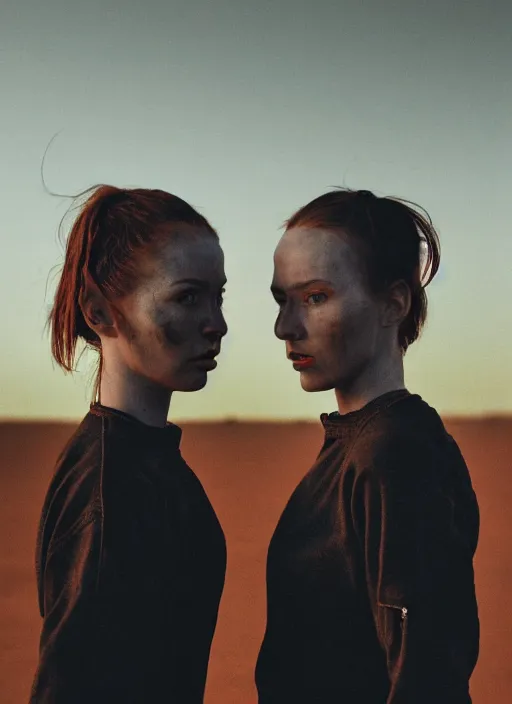 Image similar to cinestill 5 0 d 3 5 mm photographic portrait of two loving female androids wearing rugged black techwear on a desolate plain with a red sky, extreme closeup, lizard on ground, cyberpunk style, a brutalist dark metal facility in background, dust storm, 8 k, high resolution, f / 3. 2, ultra realistic faces