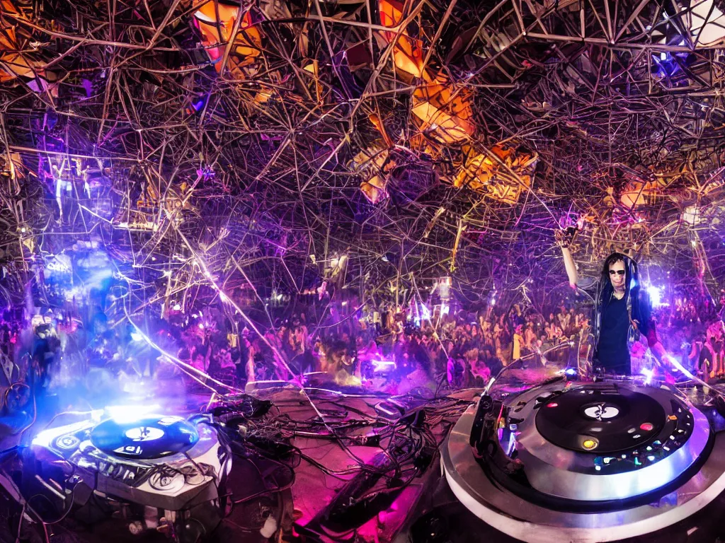 Image similar to a cyborg dj is playing a vast array of highly evolved musical technology on a stage surrounded by an incredible and complex circular robotic structure playing highly evolved music overlooking a crowd at a forest festival lit by fire