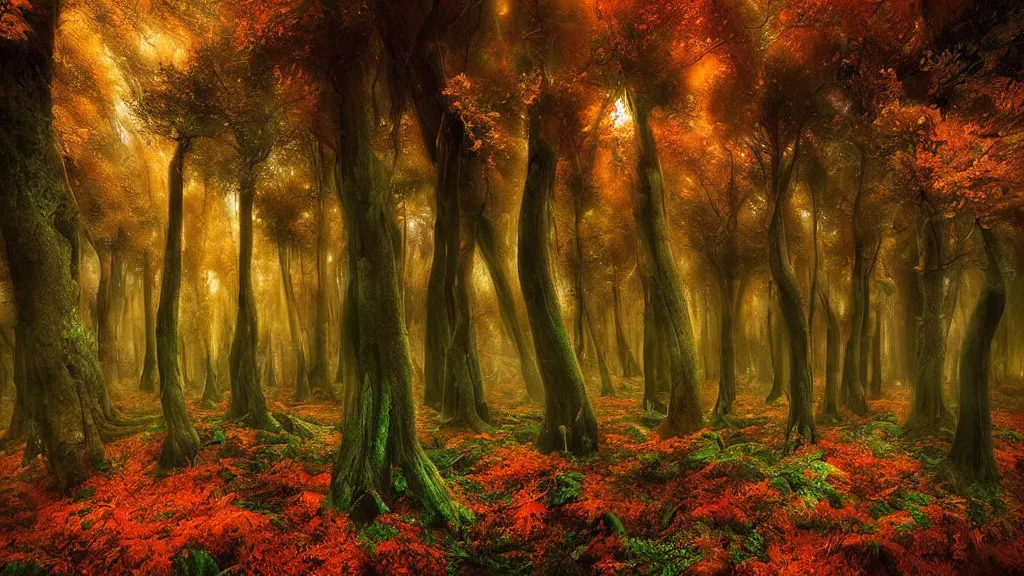 Image similar to amazing landscape photo of a forest of mushrooms by marc adamus, beautiful dramatic lighting