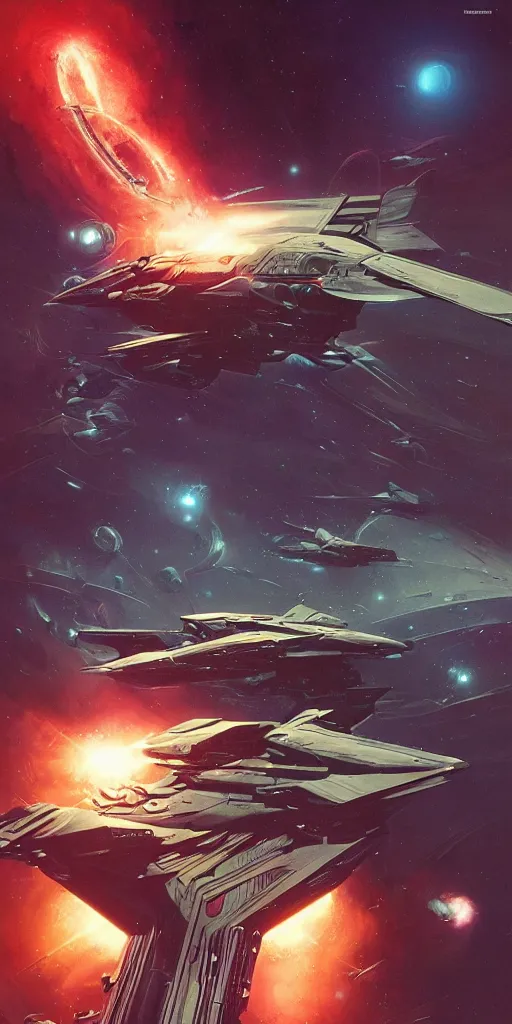 Prompt: retro futuristic sci - fi poster by moebius and greg rutkowski, epic spaceship battle, nebulae, stargezers