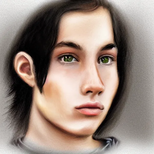 Prompt: a digital portrait of a 15 year old with black hair,hazel green eyes, drawn in the style of mark Arian