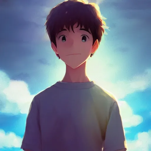 Prompt: Boy smiling, sad sky, melancholic look, made by Studio Ghibli, Accent lighting, front lit, volumetric lighting, light refraction, pixiv, highly detailed art, beautiful scene, sharp focus, smooth, 8k, artgerm