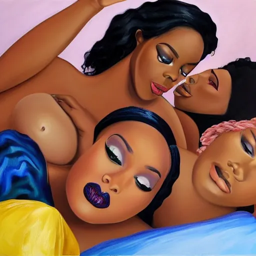 Image similar to stunning, coherent, beautiful painting, still of a group of black bbw models taking a picture of each other posing in the same bed , they are all laying down, one of them is on the phone with her boyfriend , 3d, in the style of pixar, smooth, 3d, highly detailed, highly detailed, sharp focus, bokeh, depth of field, 16k resolution, Unreal Engine 5, coherent, cinematic lighting, photorealistic