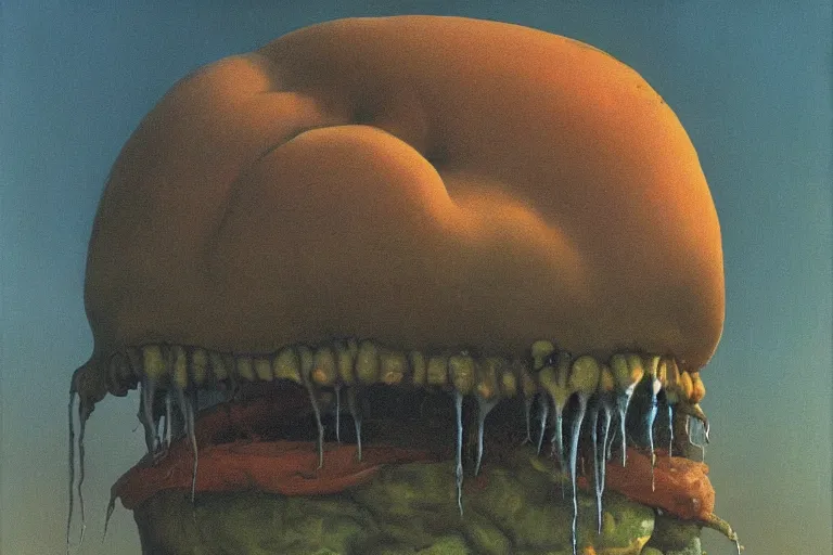 Prompt: zdzislaw beksinski painting of hamburger screaming