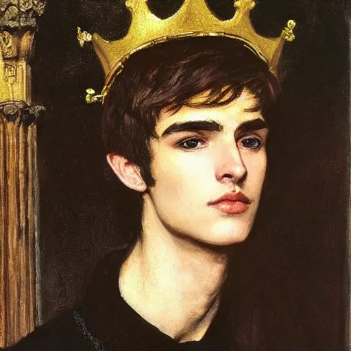 Image similar to painting of handsome beautiful medieval prince in his 2 0 s named shadow wearing a golden crown, elegant, soft facial features, delicate, clear, sharp focus, painting, stylized, art, art by john everett millais, john william waterhouse