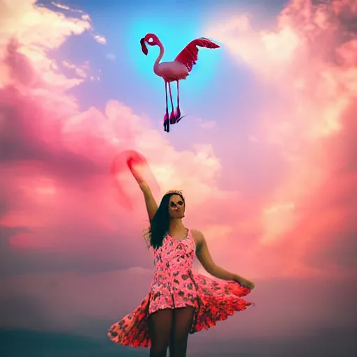Prompt: a goddess wearing a flamingo fashion up there in sky, aesthetics, on fire, photoshop, colossal, creative and cool, giant, digital art, city, photo manipulation, clouds