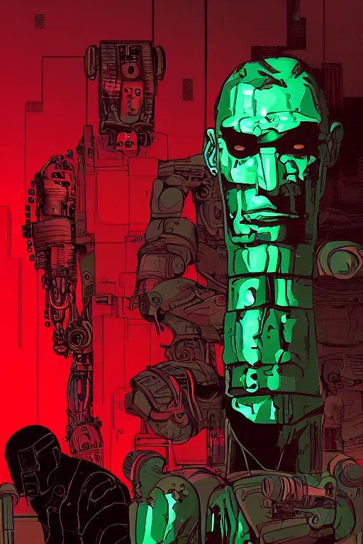 Prompt: 1 9 7 9 sci - fi portrait of an robot beheading an ogre. simple stylized cyberpunk photo from the matrix ( 1 9 9 9 ) by josan gonzalez.