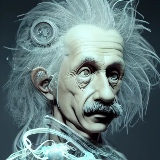 Image similar to masterpiece portrait ethereal biomechanical einstein with incredible technological hair, crystal incrustations, hyper - detailed face, elegant posed, intricate, octane render, cinematic lighting, cgsociety, unreal engine,