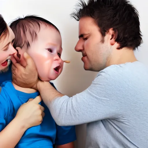 Prompt: A baby taking care of an adult, 2 people, realistic faces, crying person, rtx on