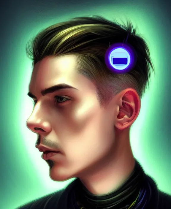 Image similar to a whirlwind inside the metaverse, guy, male, man, science, machine face, fashionable haircut, piercing, half body, neurochip, android, cyberpunk face, by loish, d & d, fantasy, intricate, elegant, highly detailed, colorful, digital painting, artstation, concept art, art by artgerm and greg rutkowski and alphonse mucha