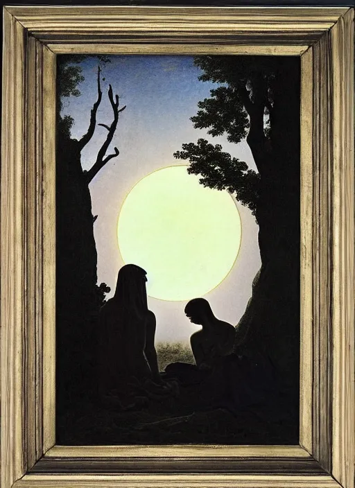 Image similar to three hazy backlit silhouettes of ancient greek venus observing an eclipse at dusk, painted by caspar david friedrich