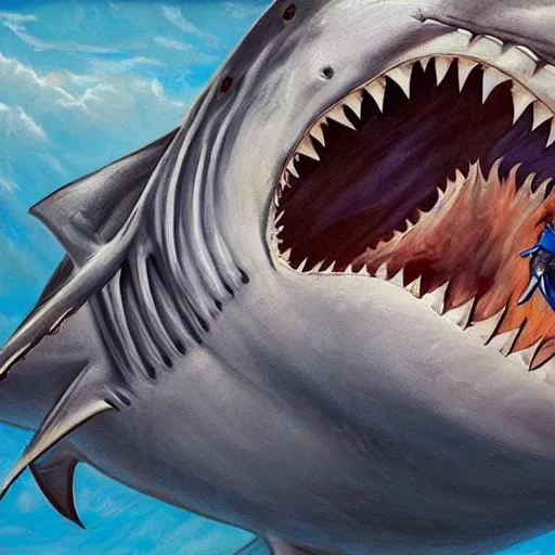 Prompt: full - color photorealistic fantastical oil - painting of : an anthropomorphic muscular male humanoid - hybrid shark - monster is terrorizing workers on the deck of a commercial fishing boat. the shark - monster is wearing swim - trunks. highly - quality, highly - detailed professional artwork.