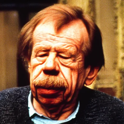 Prompt: a closeup of vaclav havel in a frame from a jan svankmajer movie