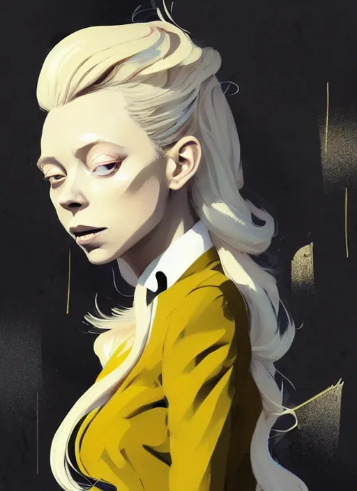 Image similar to highly detailed closeup portrait of beautiful portia doubleday, blonde wavy hair, angela moss, black suit by atey ghailan, by greg rutkowski, by greg tocchini, by james gilleard, by joe fenton, by kaethe butcher, gradient yellow, black and white color scheme, grunge aesthetic!!! ( ( graffiti tag wall background ) )