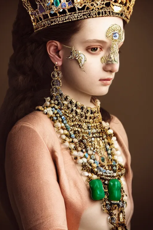 Prompt: beautiful very detailed portrait of a young princess with lots of jewelry and an Ultra Lux jade mask, full body, in the background there is a minimalistic throne, digital art , photos by Annie Leibovitz, moody, models by 500px, dramatic cinematic lighting rendered by octane, 8k, detailed, intricate, clean and textures, trending on artstation, deviantart google images, pinterest