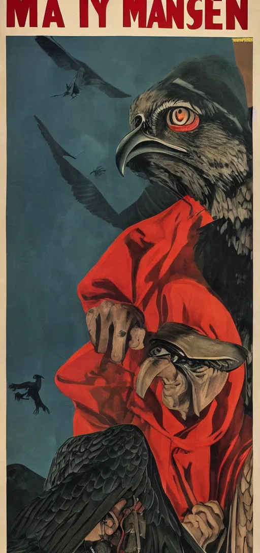 Image similar to mistery man in hood and red eyes with a dager, and a vulture, 1940s propaganda poster, full hd,highly detailed