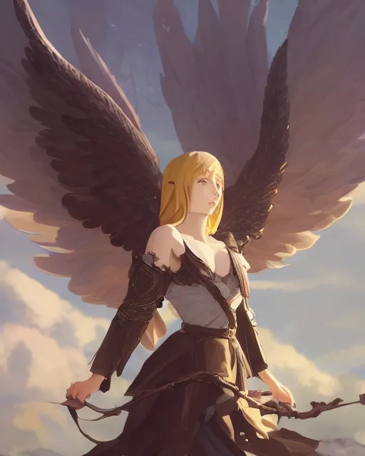 Image similar to a female anthropomorphic eagle warrior. She has two wings on her back. Forest, clearing. Atmospheric lighting, By Makoto Shinkai, Stanley Artgerm Lau, WLOP, Rossdraws, James Jean, Andrei Riabovitchev, Marc Simonetti, krenz cushart, Sakimichan, D&D trending on ArtStation, digital art.