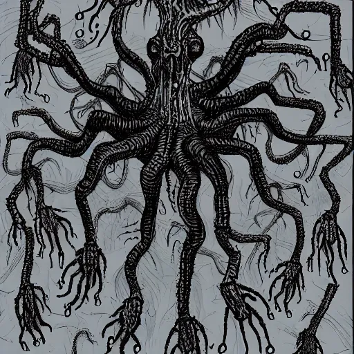 Image similar to insane eldritch horror with many legs, inspired by H.P. Lovecraft, flash photography