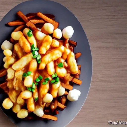 Image similar to a very realistic picture of a hot poutine the canadian dish with Cheese curds , ultra realistic, hyper detail,