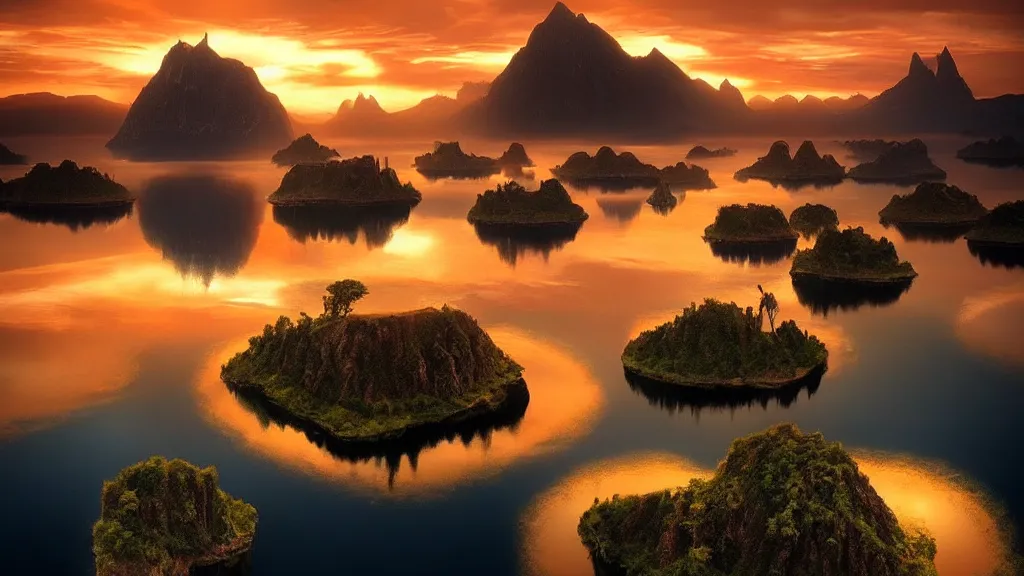 Image similar to amazing photo of floating islands in sunset by marc adamus, beautiful dramatic lighting