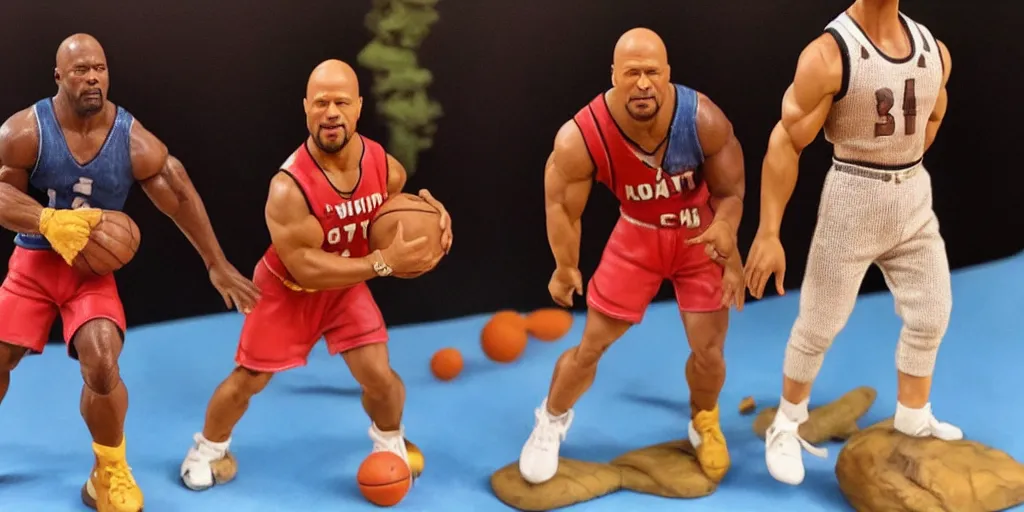 Image similar to wax figurines of Dwayne Johnson and Kevin Hart playing basketball