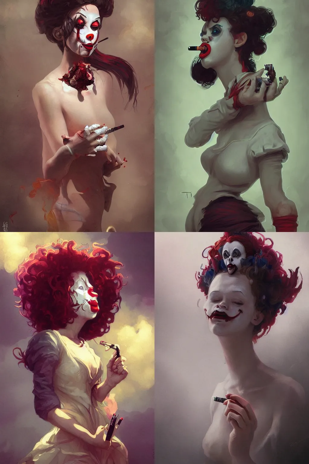 Image similar to creepy clown girl pondering nuclear destruction smoking a cigarette, highly detailed, digital painting, artstation, concept art, smooth, sharp focus, illustration, art by artgerm and greg rutkowski and alphonse mucha and loish and WLOP