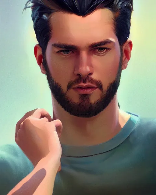 Image similar to man with a cute - fine - face, pretty face, oil slick hair, realistic shaded perfect face, extremely fine details, by realistic shaded lighting, dynamic background, poster by ilya kuvshinov katsuhiro otomo, magali villeneuve, artgerm, jeremy lipkin and michael garmash and rob rey, and silvain sarrailh