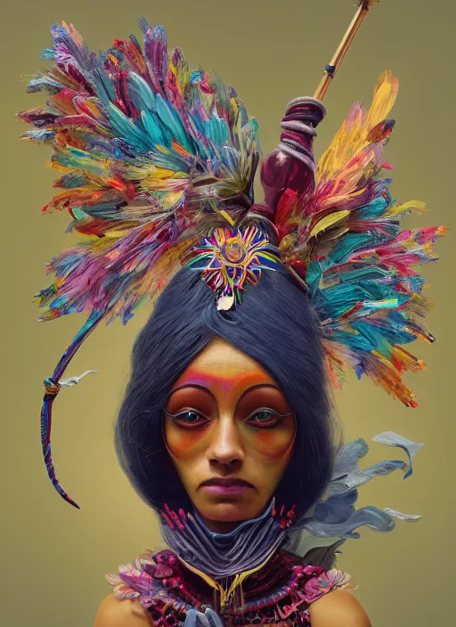 Prompt: an anthropomorphic beautiful goddess female wizard made of colourful bird portrait holding a staff wearing colourful robe, fine art, award winning, intricate, elegant, sharp focus, octane render, hyperrealistic, cinematic lighting, highly detailed, digital painting, 8 k concept art, art by jamie hewlett and z. w. gu, masterpiece, trending on artstation, 8 k