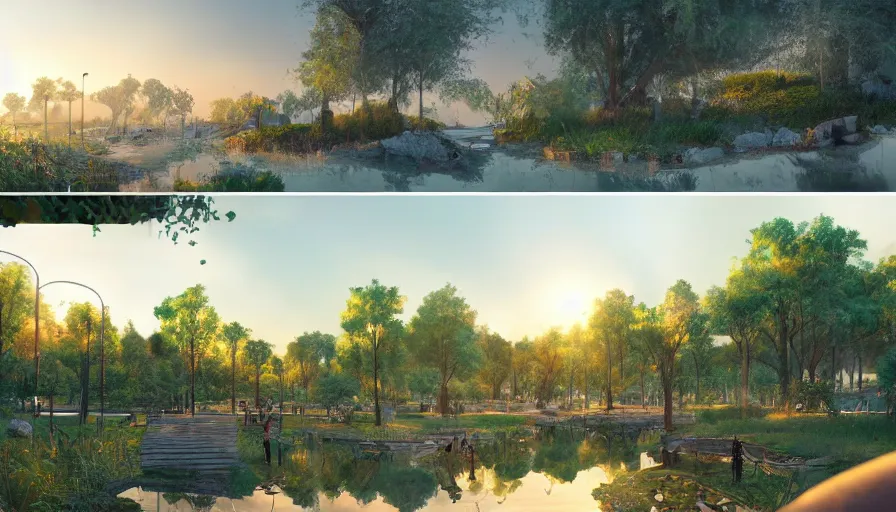 Image similar to concept art of an ecological park with a giant lake and paths around it in california, small white ecological hotels built around it, sunset light, hyperdetailed, artstation, cgsociety, 8 k