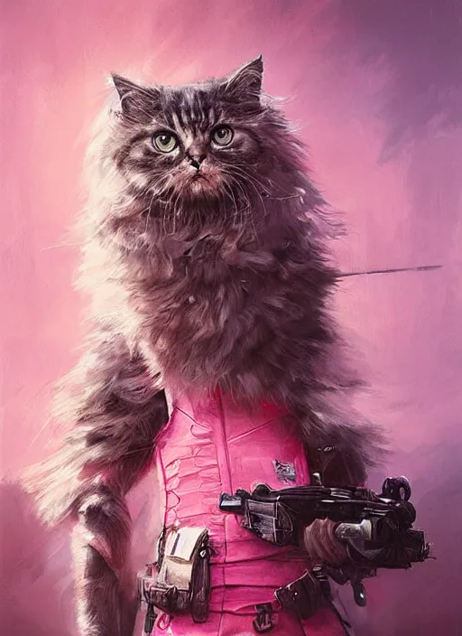 Prompt: a portrait of a futuristic british longhair cat soldier in war scene, pink vibe, hyper realistic, concept art, intricate, hyper detailed, smooth, vibrant, by greg rutkowski