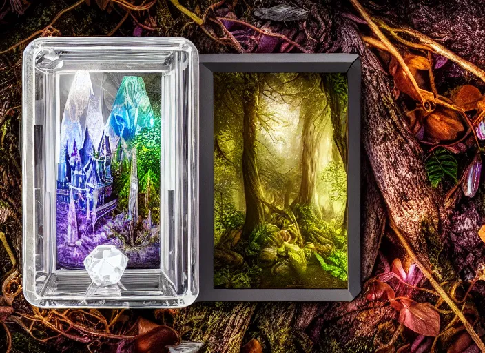 Image similar to photo of a crystal box with a magical kingdom inside, in the forest. Fantasy magic style. Highly detailed 8k. Intricate. Nikon d850 55mm. Award winning photography.