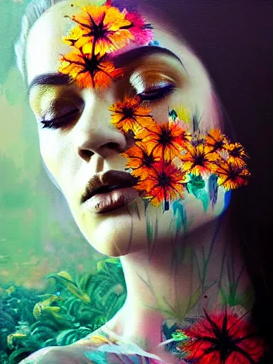 Image similar to double exposure, portrait of florence jones with a floral background : : painted by artgerm, karol bak, artur bordalo, sandra chevrier : : portrait, character, illustration, hyperrealism, photorealism