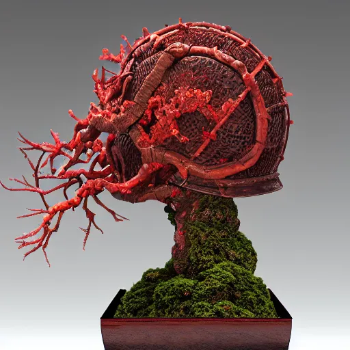 Prompt: incredibly detailed 100 year old Morton Bay fig bonsai planted in, Upside-down ancient intricate red samurai helmet, volcanic rocks, photorealistic, vulumetric lighting, exquisite detail, vray 4k highly detailed, no dof